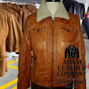 shearling collar leather trucker jacket for women